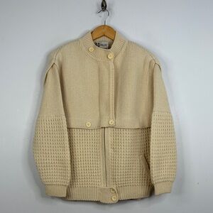 Vintage Irish Sweater Womens Large Cream Wool Chunky Knit Coatigan Cardigan